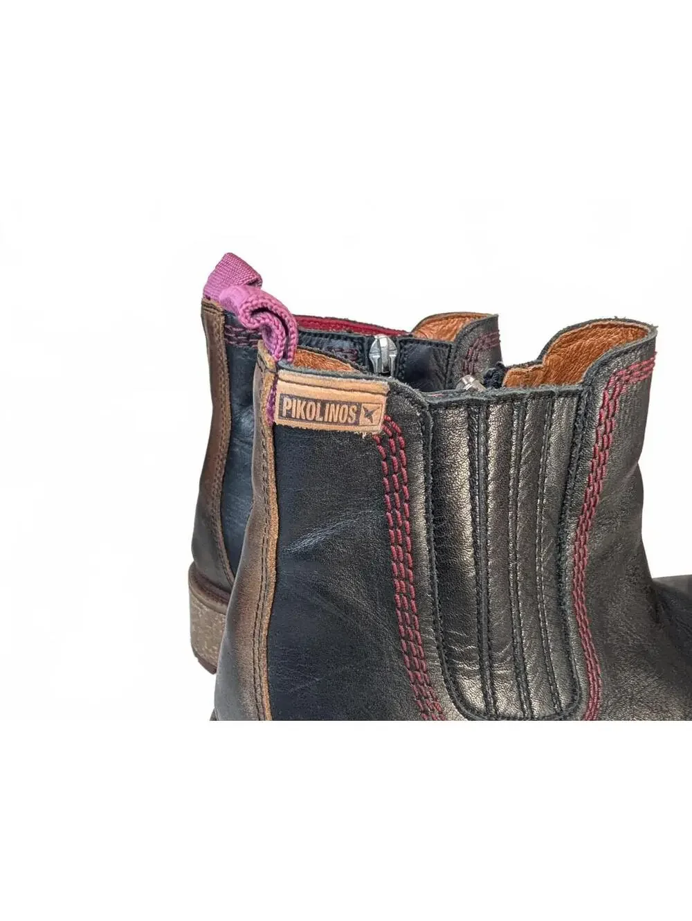 Pikolinos Aspe Black Leather Chelsea Boots w/Red Stitching Rugged Lug Soles 38